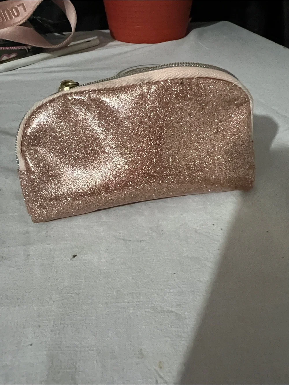 Coach Rose Gold Glitter Cosmetic Pouch with Gold Trim